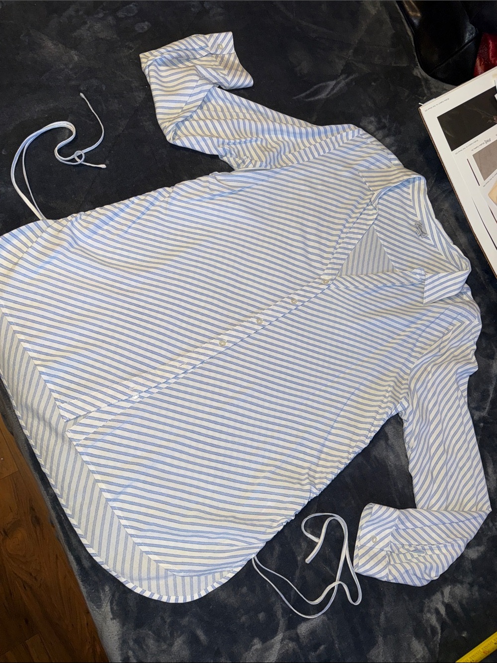 KISMET light blue/white striped button up rayon 100% shirt tie sides like new